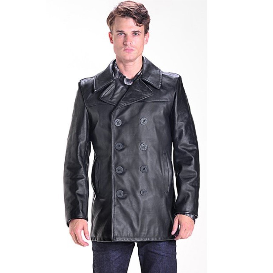 Schott Classic Black Leather Naval Pea Coat - Leather64TEN Chicago