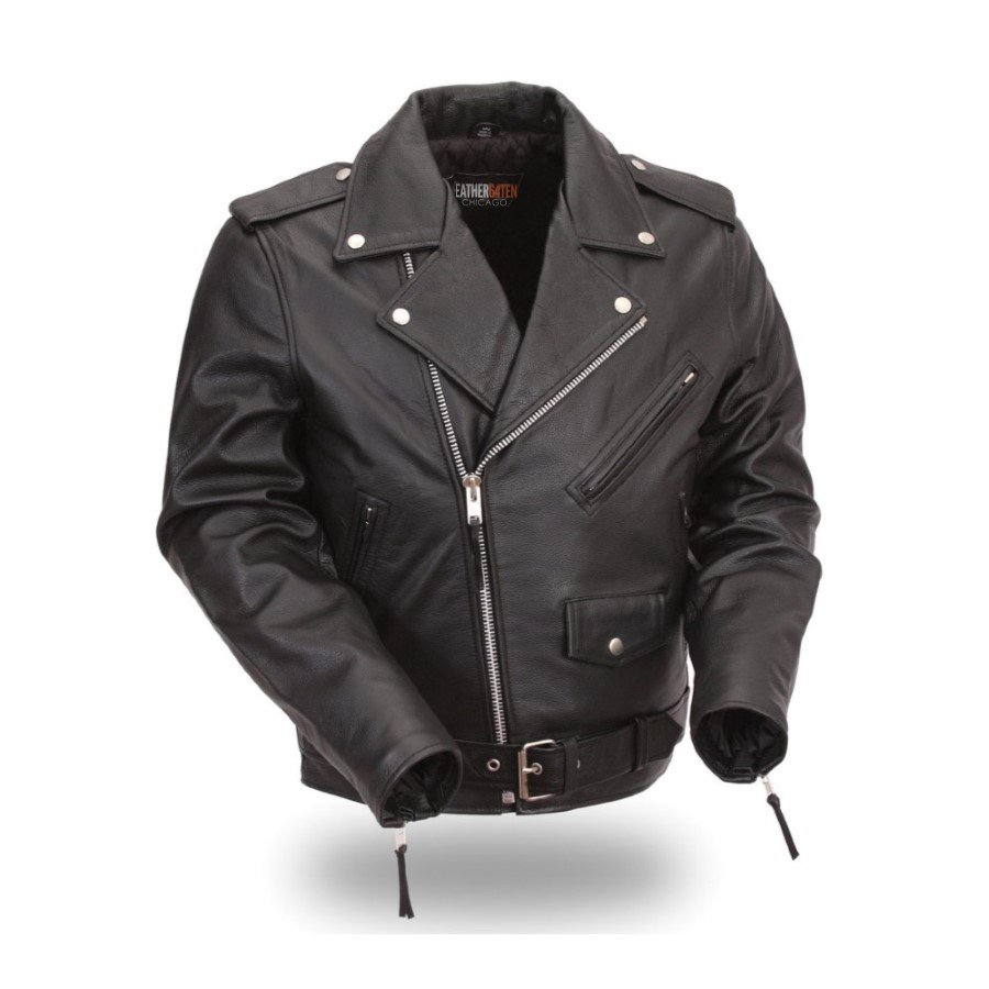 64TEN Men's Classic Leather MC Jacket with Half Belt