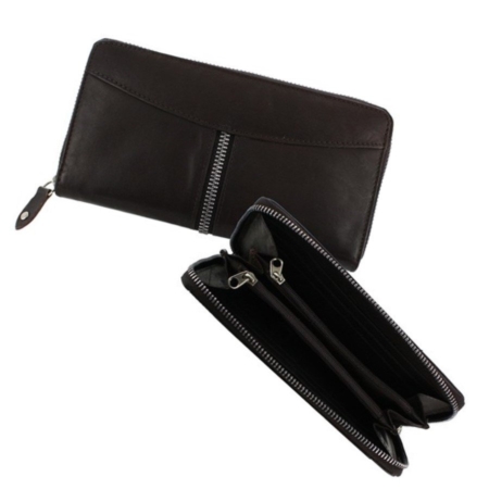 round zip black leather wallet
