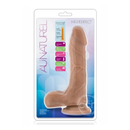 Au Natural Mr. Perfect Dual-Density Realistic Dildo with Balls Suction Base Flesh 8.5 Inches in package