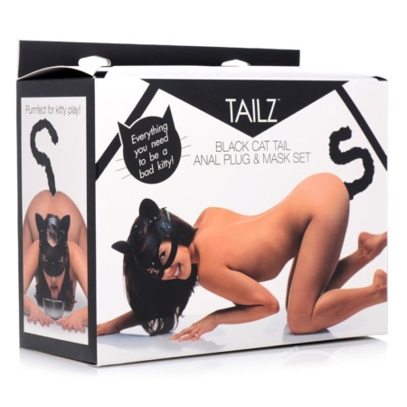 Tailz Black Cat Tail Anal Plug & Mask Set in pkg