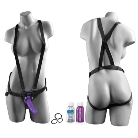 Dillio Strap On Suspender Harness Set Black with 6 inch Purple Silicone Dong