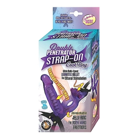 Double Penetrator Strap On with Vibrating Cock Ring Purple in pkg