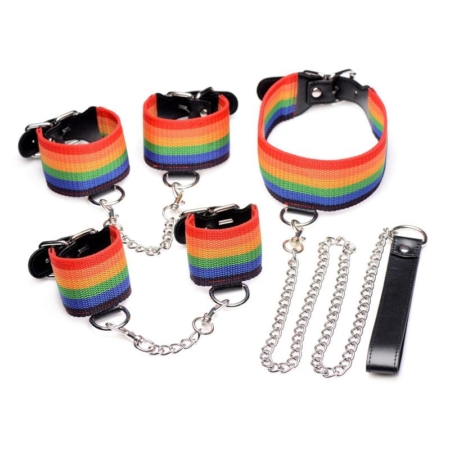 Master Series Kinky Pride Rainbow Bondage Set with Wrist Ankle Cuffs Collar with Leash
