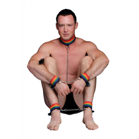 Master Series Kinky Pride Rainbow Bondage Set with Wrist Ankle Cuffs Collar with Leash model 2