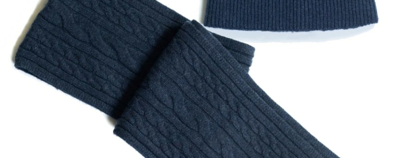 Wool Blend Cableknit Cap and Scarf Navy