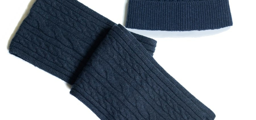 Wool Blend Cableknit Cap and Scarf Navy