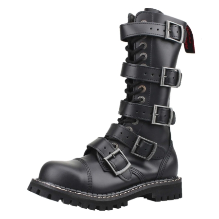 14 Hole 5 Buckle Zipper Leather Boots Black 001
