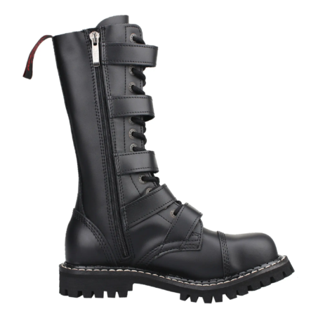 14 Hole 5 Buckle Zipper Leather Boots Black 003